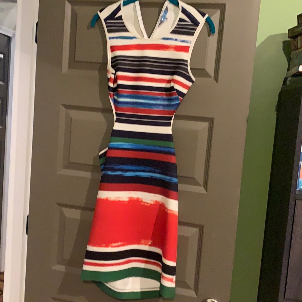 Fun colorful back midriff exposed striped dress